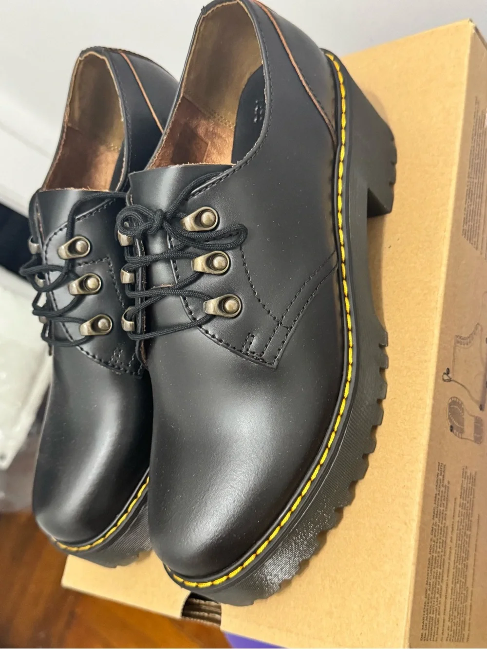 Dr. Martens Black Leather Platform Derby Shoes with Yellow Stitching